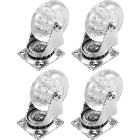 Lot de 4 roulettes pivotantes pour meubles, roulettes robustes de 5 cm, roulettes pivotantes en polyuréthane transparent avec plaque 360 degrés pour armoire, pouf et banc