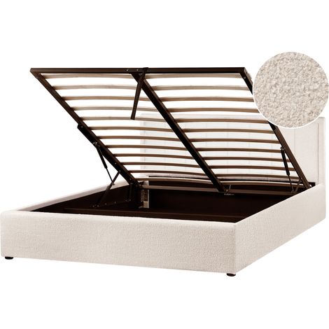 Cama con almacenaje elevable tapizada de bouclé beige 160 x 200 cm Montlaur