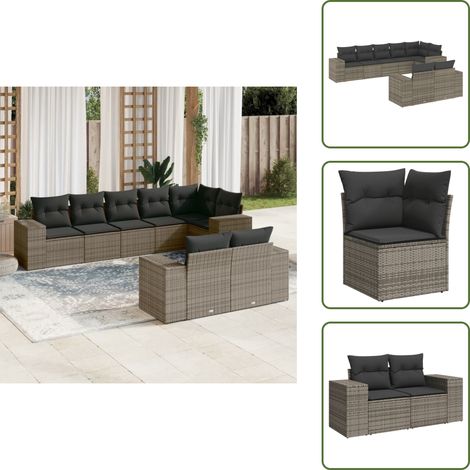 8-tlg. Garten-Sofagarnitur mit Kissen Grau Poly Rattan - Gartensortiment - Outdoor Möbel - Gartenlounge - Rattanmöbel - Lounge Set (1/5)