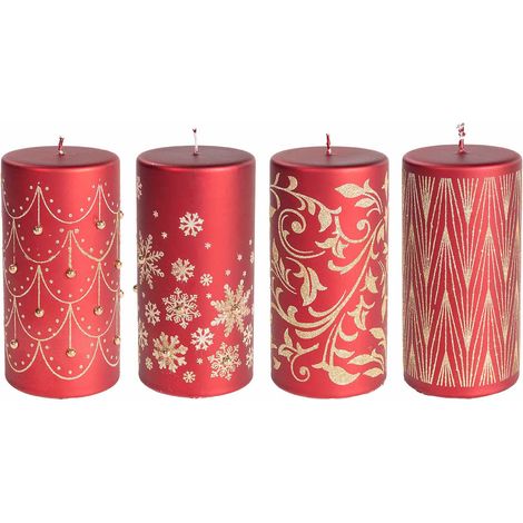 Candele di Natale con decorazioni e motivi natalizi dorati e brillantini oro, set da 4 pezzi, Ø 7,5 cm x 14,5 H