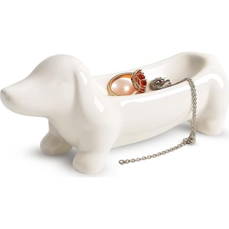 Plateau à Bijoux Chien Teckel en Céramique Blanche, Vide Poche Entrée Original, Petit Rangement Bijoux et Clés, Décoration Maison Minimaliste, Idée Cadeau Femme Anniversaire (15,5x4,5x5,5cm) (1/5)