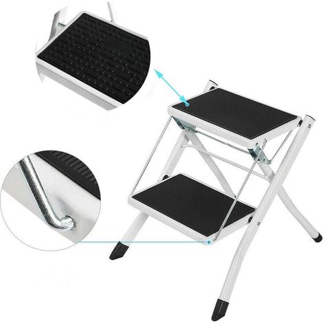 Escabeau pliant en acier robuste (jusqu'à 150 kg) échelle portable à 2 niveaux avec marches nervurées antidérapantes mini escabeau léger pour garage de cuisine de bureau à domicile