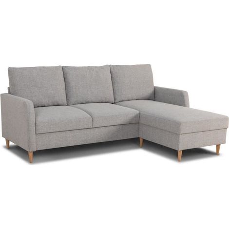Canapé d'angle fixe 3 places CHIPY - Tissu gris souris - Réversible - L 192 x P 137 x H 82 cm - Pieds bois naturel (1/5)