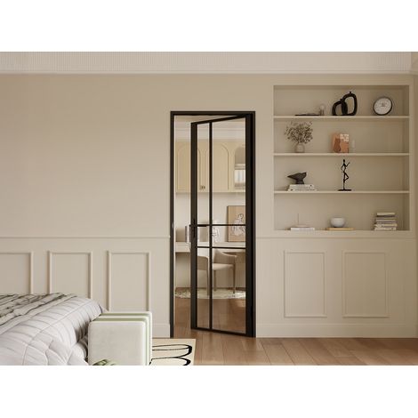 Bloc porte réversible avec design asymétrique en aluminium et verre trempé - H204 x L73 cm - Noir - SANIVA
