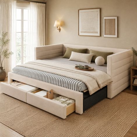 3-in-1-Ausziehbett Schlafsofa 90 x 190 cm mit Schubladen, Beige HAVRYA (1/5)