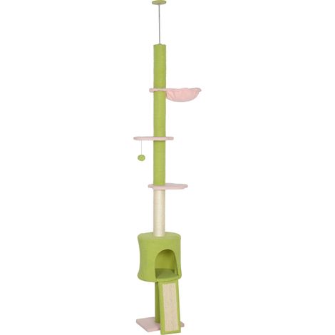 Arbre à chat extensible plafond 5 étages hauteur adaptable 220-240 cm plateformes fleur, griffoir, cabane, hamac vert (1/5)