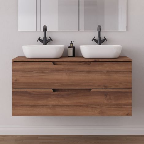 Meuble de salle de bain 120cm avec plateau et 2 vasques à poser arrondies - 2 tiroirs - sans miroir - noyer (bois foncé) - SONRIZA (1/5)