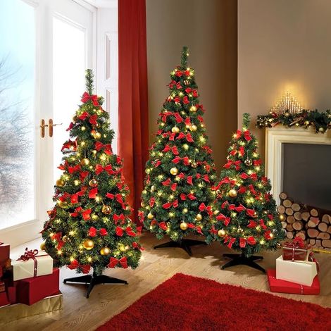 Sapin de Noël artificiel décoré à LED Hauteur 120 cm Sapin artificiel avec nœuds rouges et boules dorées Sapin de Noël durable Diamètre 61 cm Décoration de Noël d'ambiance (1/4)