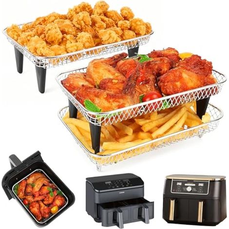 Accessoires pour friteuse à air agrandis compatibles Ninja Foodi Max AF400UK 9,5L & COSORI Dual 8,5L, grille à 3 niveaux avec 8 pieds en silicone, grille de cuisson pour friteuses à air doubles EMtron