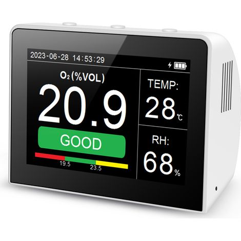 Détecteur qualité d’air 3 en 1 O2/Humidité/Température de bureau multifonction, moniteur intérieur/extérieur O2, thermohygromètre numérique 3,5 pouces avec enregistreur de données, batterie rechargeab (1/5)