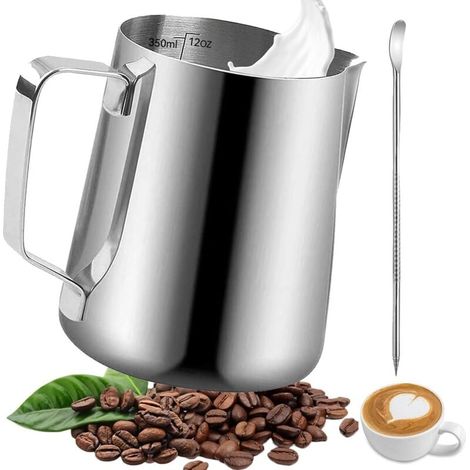 Pichet Lait Inox, 350ml Pot à Lait Avec Lignes de Mesure et Latte Art Pen, Milk Frother, Pichets-mousseurs à lait pour Cappuccino, Expresso, Latte Art (1/4)