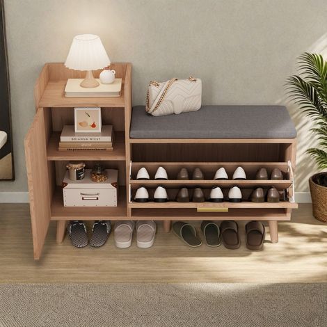 Meuble à chaussures bas avec rangement multifonctionnel - 100 x 30 x 69.5 cm - Banc à chaussures rembourré - Pieds hauts en bois massif - Bois naturel