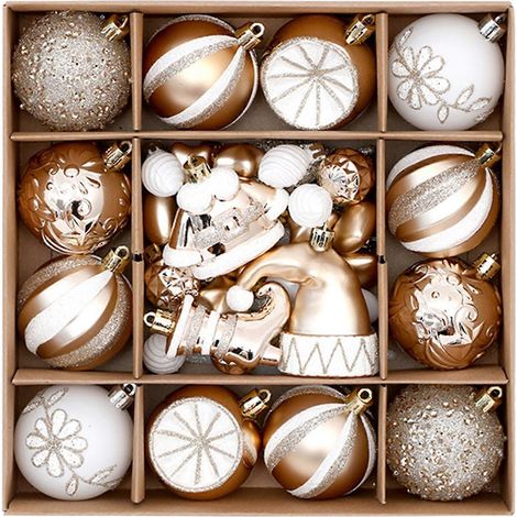 46-teiliges Set bunter, handgefertigter Christbaumkugeln aus Kunststoff mit Aufbewahrungsbox, champagnerweiß, ideal als Geschenkidee. (1/5)