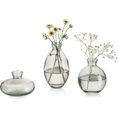 Petit Vase pour Décoration De Table Vases en Verre Faits À La Main pour Fleurs, 3Pcs Gris Vintage Bud Vases Esthétique Mini Vase Ensemble pour Kawaii Salon Décor Chambre Ornements Centres De Mariage (1/5)