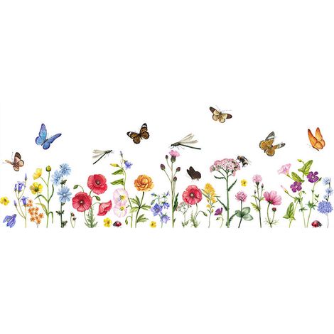Fleurs fraîches, plantes, stickers muraux, stickers pour vitres, fleurs papillon colorées, décoration pour chambre et salon (1/4)