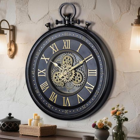 Grande Horloge Murale Décorative 24 Pouces (61 cm avec Engrenages Mobiles – Style Industriel Steampunk, Grands Chiffres Romains, Horloge Murale Design pour Salon Moderne (1/5)