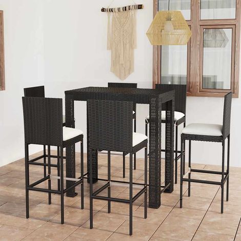 vidaXL Ensemble de bar d'extérieur 7 pcs coussins Résine tressée Noir (1/5)