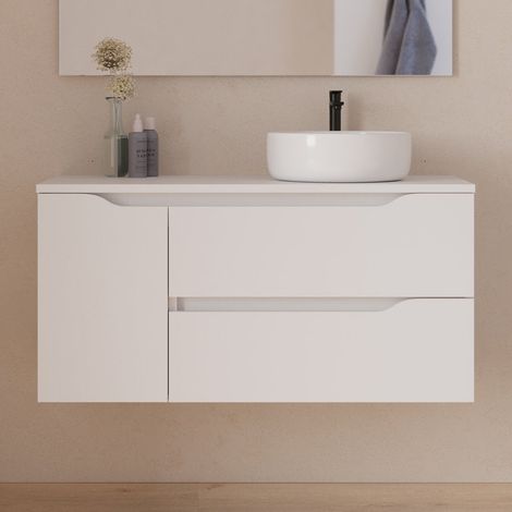Meuble de salle de bain 100cm avec plateau et vasque à poser déportée à droite Ares - sans miroir - 2 tiroirs et un placard - blanc - ZARZA