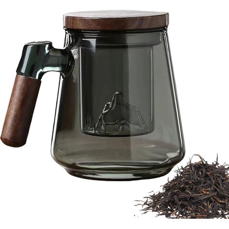 Tasse à Thé En Verre Avec Couvercle Et Passoire: Mug Thé En Verre Borosilicate Transparent Avec Poignée En Bois, Theiere Avec Infuseur Pour Les Boissons, Le Thé Noir, Le Café Glacé, Les Sachets De Thé (1/5)