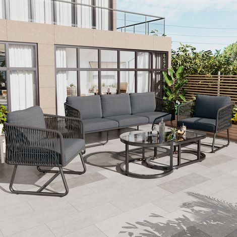 Gartenmöbelset für 5 Personen mit Satztischen, verzinktem Eisengestell, Flechtmuster, verstellbaren Füßen, ideal für Ihre Terrasse, grau