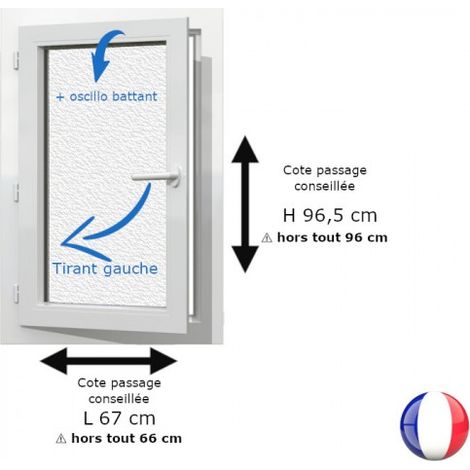 Fenêtre PVC blanc 1 vantail hors tout H 96 x L 66 cm oscillo battant verre brouillé pour pose rénovation - tirant gauche