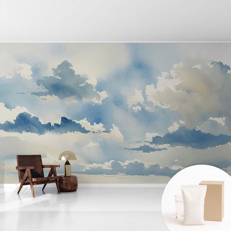 Papier peint intissé mural classique avec imprimé motifs décoratifs design élégant non‑tissé Nuages célestes 416x254 cm (1/5)