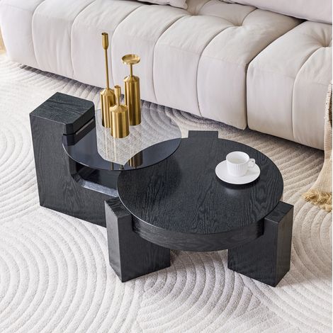Couchtisch Set 2-teilig mit Stauraum Glas MDF Schwarz OKMYHOME (1/5)