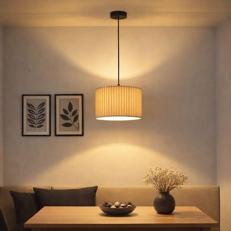 LED Hängelampe Textil Pendelleuchte Esstischlampe naturfarben Küchenlampe, 9W 810lm warmweiß, DxH 38 x 120 cm