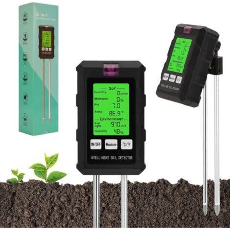 Testeur de Sol 6 en 1, Multifonction fertilité du Sol/humidité/pH/température/lumière ambiante/humidité avec écran HD éclairé pour Les Plantes, Le Jardinage (1/4)