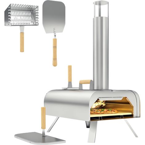 Four à pizza extérieur portable à bois ou à pellet avec pierre à pizza pieds pliables cheminée acier inoxydable argenté (1/5)