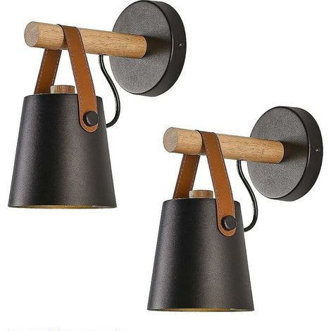 Set di 2 moderne applique da parete E27 in ferro battuto con finiture in legno, stile industriale (lampadine non incluse), nere - Crezuo