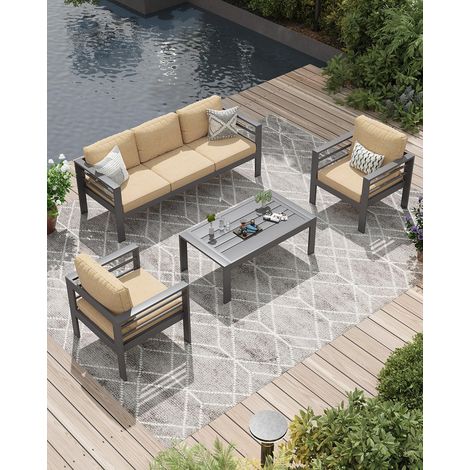 YODOLLA Aluminum Garden Furniture Set, 5 Seats Outdoor Furniture Beige  Coffee Table, 4 Pieces Metal Conversation Sectional Sofa, for Garden, Patio, Balcony & Poolside (1/5)