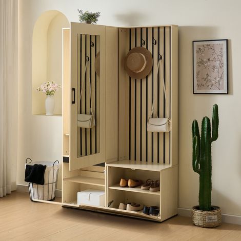 Meuble d'entrée 126,5x34,5x179,5 cm en MDF couleur bois, gain de place pour hall FloraGrace (1/5)