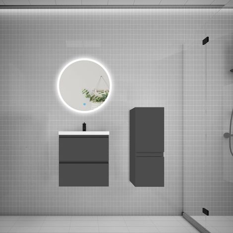 Ensemble meuble vasque L.50cm 2 tiroirs + lavabo + LED miroir rond 60cm + colonne,anthracite (1/5)