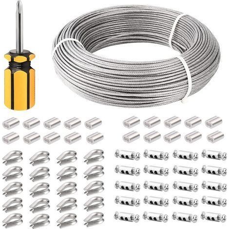 Cable Inox 3mm,100M/3mm Corde en Acier Inoxydable,Cable en Acier Revêtu avec Serre-Câbles,M3 Manchons,Cosses en Acier Inoxydable,3mm Cable Métallique pour Fil a linge,Cable de Garde Corps (1/5)