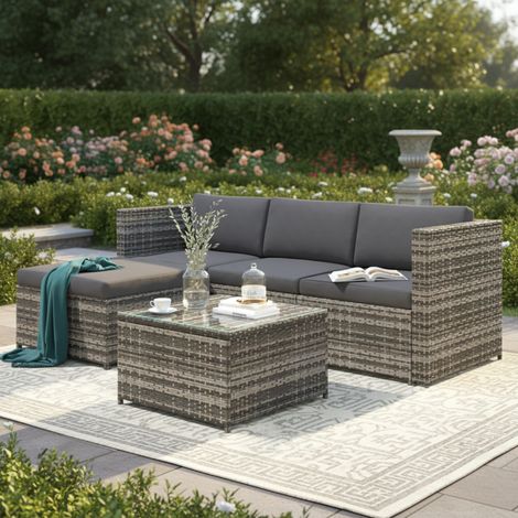 Salon de jardin angle rotin gris, canapé lounge, coussins assise/dossier, table basse verre, terrasse, rotin synthétique gris (1/5)