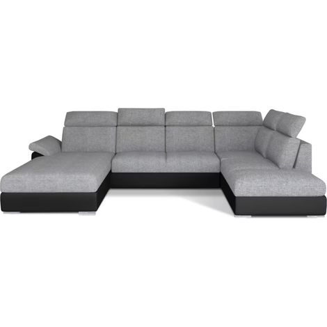 Canapé Convertible Panoramique LEVANO Tissu et Simili Cuir, Têtières à gauche-Noir/Gris clair-Coffre à gauche (1/4)