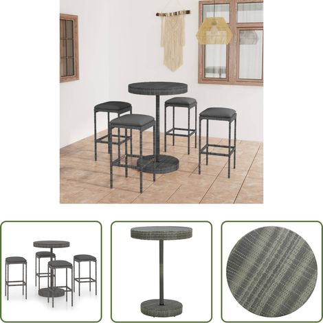 Gartenbar-Set -  5-tlg. Gartenbar-Set mit Kissen Poly Rattan Grau (1/5)