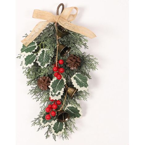 Couronne de Noël pour porte d'entrée, couronne de porte de Noël - Ornements de cloche de Noël Couronnes de larmes d’hiver,Décor de nœud papillon en grappes de baies rouges, 40cm/15.7 pouces, fournitur
