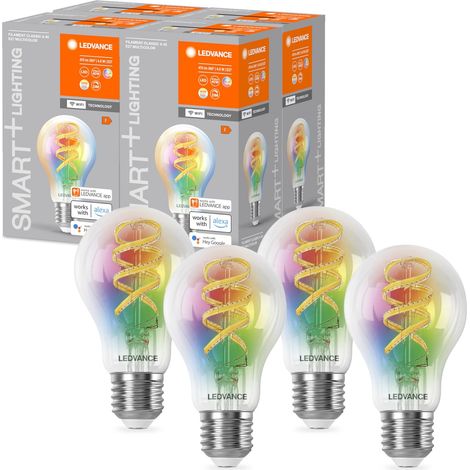 Ampoule LED SMART WIFI, transparente, 4,8W, 470lm, forme classique culot E27, multi couleurs et lumière blanche, dimmable, application ou commande vocale, longue durée de vie, Paquet de 4 (1/5)