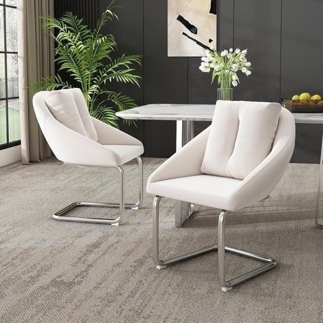Chaise de salle à manger - KOMHTOM - Lot de 2 - Velours beige - Coussin inclus - Pieds métal galbés (1/5)
