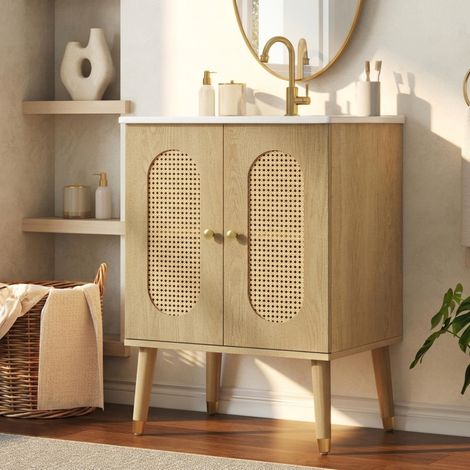 Meuble sous-vasque de salle de bains 61 cm avec vasque en céramique, portes ajourées, deux étagères fixes et rangement spacieux, finition bois clair, pieds coniques - CHICFURN (1/5)