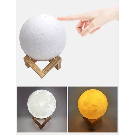 Lampe de nuit lune rechargeable USB, double éclairage couleur, boule lumineuse avec support en bois, 8 cm, idéale pour la chambre à coucher. (1/5)