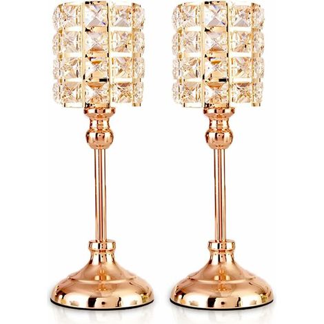 2-teiliges Set goldener Kristall-Teelichthalter, Metallzylinder, luxuriöser Kronleuchter, 29,5 cm hoch, Kerzenhalter-Ornamente für Weihnachten, Wohnzimmer, Hochzeits-Tischdekorationen (mittelgroß)