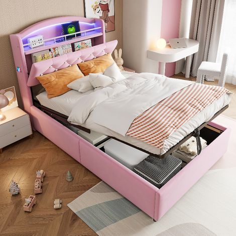 Kinderbett 90x200 mit Stauraum und LED-Beleuchtung, Multifunktionsbett mit hydraulischem Bettkasten und USB-Anschlüssen, Polsterbett Samt Rosa (1/5)