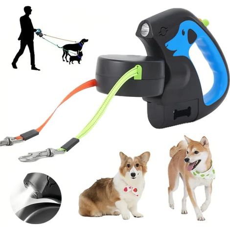 Laisse rétractable pour chien de 3 m de long avec double extrémité, idéale pour deux chiens. Corde rétractable, conception flexible à double extrémité, avec lumière LED. Dimensions : 22 × 14 × 2,5 cm. (1/5)