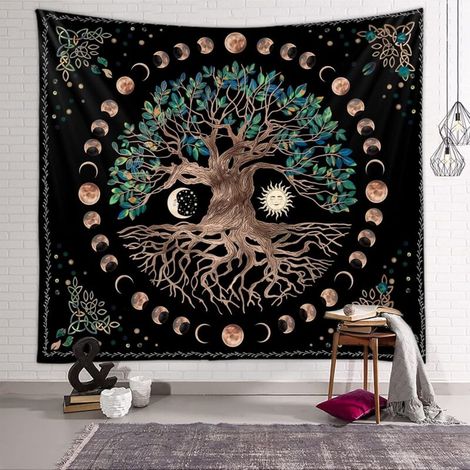 Wandteppich „Baum des Lebens“ – Mond- und Sonnenmuster – Schwarz – Psychedelischer Wandteppich – Mandala – Hippie-Wandteppich fürs Schlafzimmer