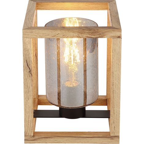 Lampe de table verre fumé Lampe de table noire Lampe d'appoint bois naturel, aspect bulles, douille E27, LxlxH 17x17x22 cm (1/5)