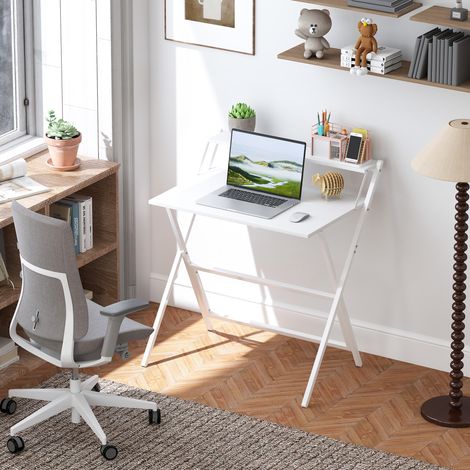 Bureau pliable 75,5 x 50 cm avec étagère de rangement pour chambre, petits espaces, blanc