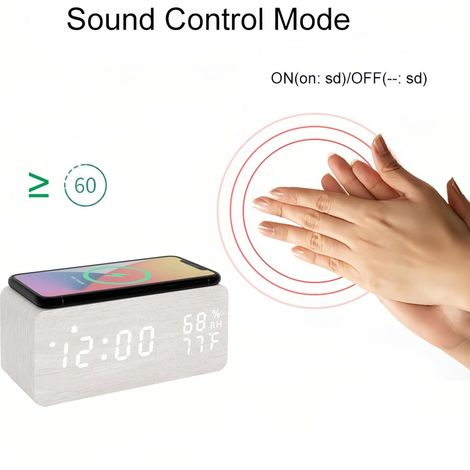 Réveil numérique en bois avec contrôle sonore LED, support de chargement sans fil, affichage de la température et de l'humidité et luminosité réglable pour une utilisation dans la chambre et le bureau (1/4)